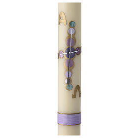 Elfenbeinfarbene Osterkerze im modernen Stil mit goldfarbenem und violettem Kreuz und Alpha- und Omega-Symbolen, 80x80 cm