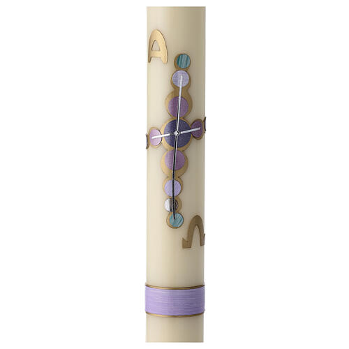 Elfenbeinfarbene Osterkerze im modernen Stil mit goldfarbenem und violettem Kreuz und Alpha- und Omega-Symbolen, 80x80 cm 1