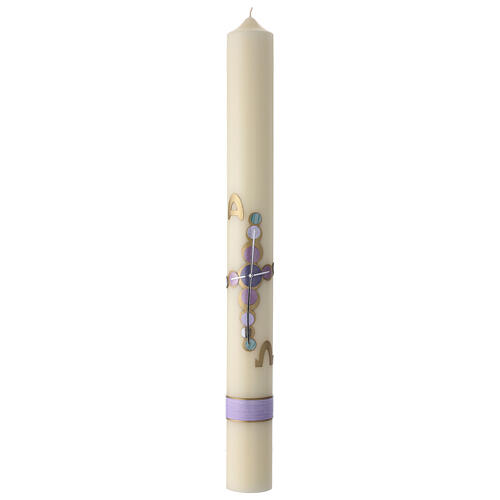 Elfenbeinfarbene Osterkerze im modernen Stil mit goldfarbenem und violettem Kreuz und Alpha- und Omega-Symbolen, 80x80 cm 2