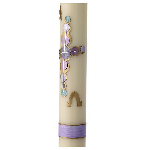 Elfenbeinfarbene Osterkerze im modernen Stil mit goldfarbenem und violettem Kreuz und Alpha- und Omega-Symbolen, 80x80 cm 3