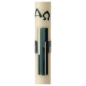 White Paschal candle with blue modern cross, Alpha and Omega, 30x3 in