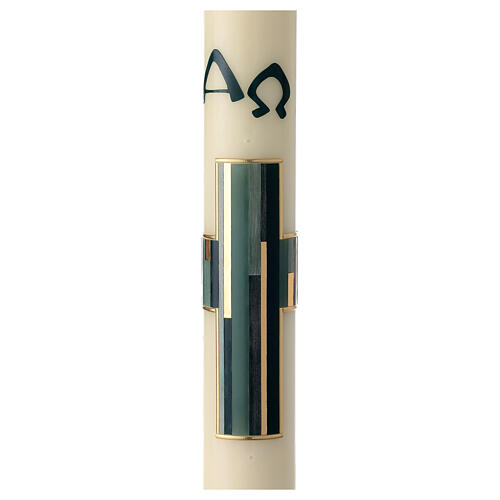 White Paschal candle with blue modern cross, Alpha and Omega, 30x3 in 1