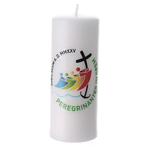 White candle with Jubilee 2025 official logo, 5x2 in 1