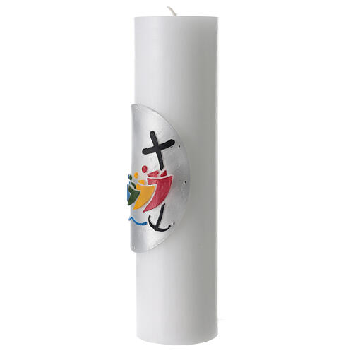 White altar candle with official logo of Pilgrims of Hope in bas-relief, 12x3 in 3