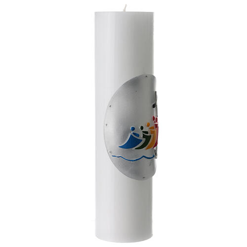 White altar candle with official logo of Pilgrims of Hope in bas-relief, 12x3 in 4