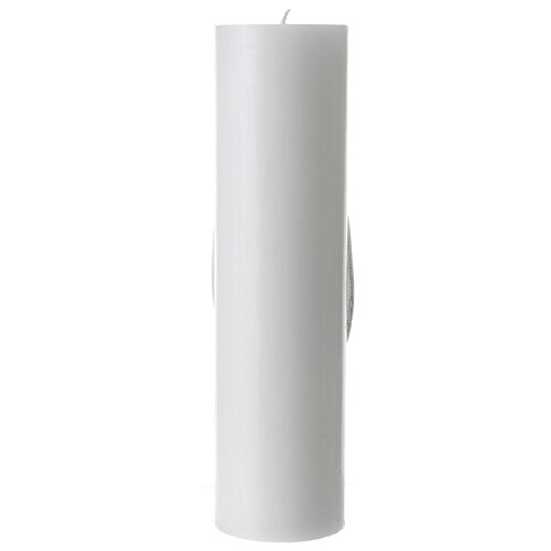 White altar candle with official logo of Pilgrims of Hope in bas-relief, 12x3 in 5