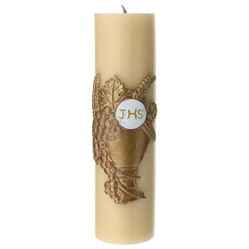 Altar candle, golden bas-relief of chalice and grapes, 12x3 in 1