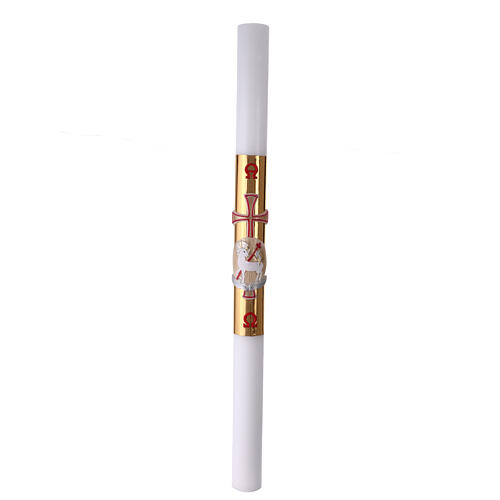 Paschal candle, white wax with gold leaf lamb, 31.5x47 in 1
