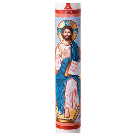 Osterkerze aus weißem Wachs – HANDBEMALT, segnender Christus 8×120 cm