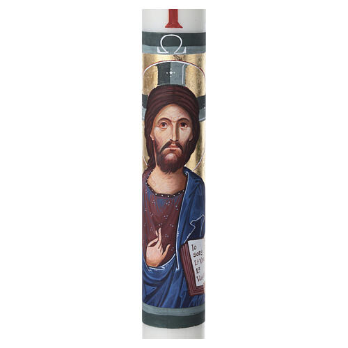 Hand-painted white Paschal candle, icon by Ivan Polverari, 3x47 in 3