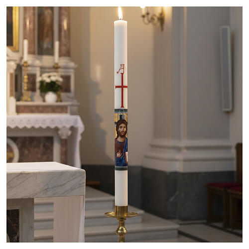 Hand-Painted White Paschal Candle with Icon by Ivan Polverari, 8x120 cm 2
