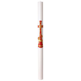 White Easter Candle with Red Cross and Gold Paschal Lamb Alpha and Omega, 8x120 cm