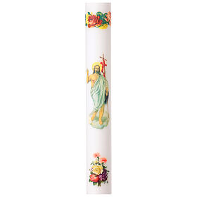 Cero pasquale bianco con Gesù risorto e dettagli floreali 120 cm - diam. 8 cm