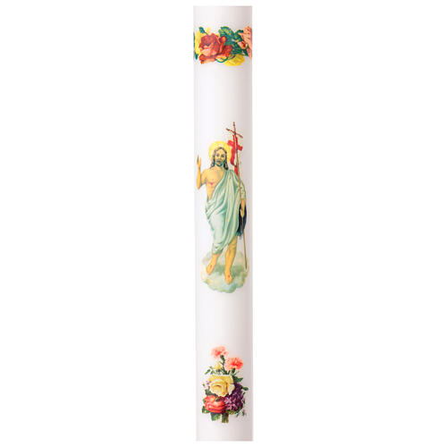 Cero pasquale bianco con Gesù risorto e dettagli floreali 120 cm - diam. 8 cm 1