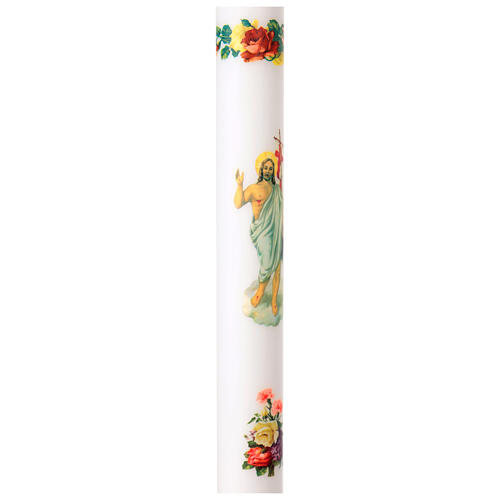 Cero pasquale bianco con Gesù risorto e dettagli floreali 120 cm - diam. 8 cm 4