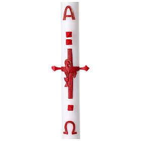 White Paschal candle with red Paschal lamb, cross, alpha and omega, 3x47 in