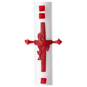 White Paschal candle with red Paschal lamb, cross, alpha and omega, 3x47 in