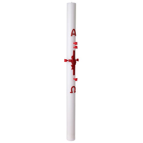 White Paschal candle with red Paschal lamb, cross, alpha and omega, 3x47 in 5