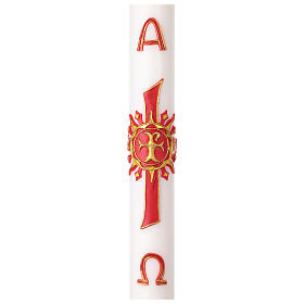 Cero pasquale con decoro alpha ed omega croce in cera rossa e oro 8X120 cm