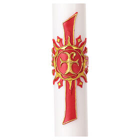 Cero pasquale con decoro alpha ed omega croce in cera rossa e oro 8X120 cm