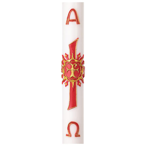 Cero pasquale con decoro alpha ed omega croce in cera rossa e oro 8X120 cm 1