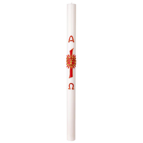 Cero pasquale con decoro alpha ed omega croce in cera rossa e oro 8X120 cm 3