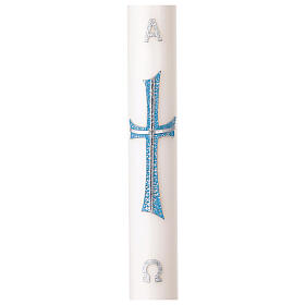 Cero pasquale con decoro croce in cera argento e azzurro 8X120 cm
