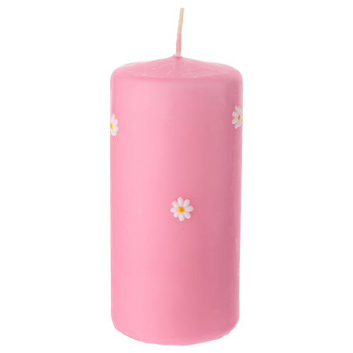 Candela rosa polvere cilindrica decorata mano margherite rilievo 15 cm Cereria Di Giorgio 1