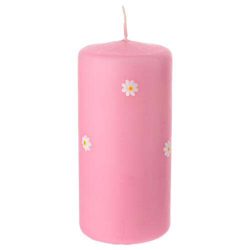 Candela rosa polvere cilindrica decorata mano margherite rilievo 15 cm Cereria Di Giorgio 2