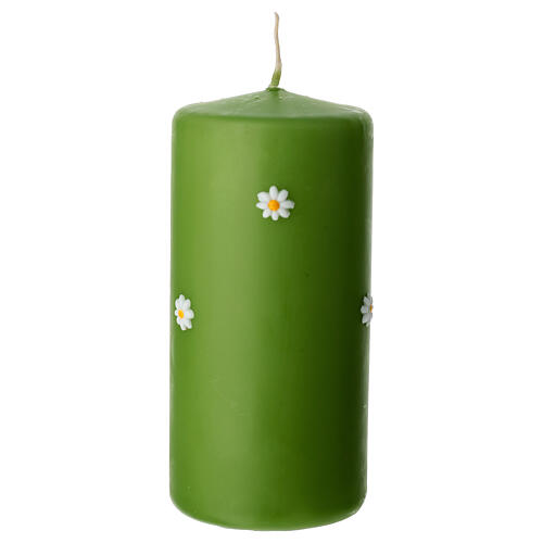 Bougie cylindrique couleur pistache avec marguerites en relief colorées à la main 15 cm Cereria Di Giorgio 2