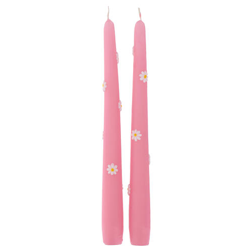 Candele coniche SET 2 PZ decorate a mano margherite 25 cm rosa polvere Cereria Di Giorgio 1