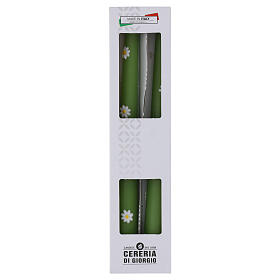 2 Velas pistacho cónicas SET 2 PIEZAS margaritas decoradas a mano 25 cm Cerería Di Giorgio