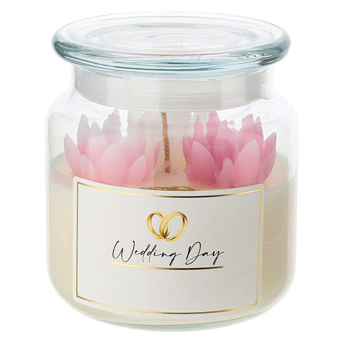 Tinaja de vidrio con vela perfumada esposos peonía blanca y tuberosa para novios Cereria Di Giorgio 1