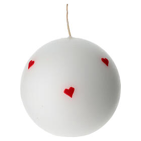 Kugelkerze weiß mit handdekorierten roten Herzen – 10 cm, Cereria Di Giorgio