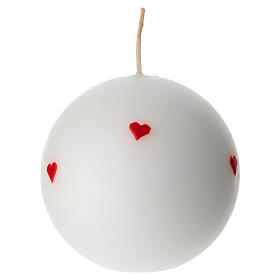 Hand-decorated white sphere candle with red hearts by Cereria di Giorgio, 4 in