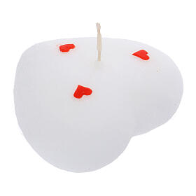 White scratched heart candle with hand-decorated red hearts by Cereria Di Giorgio, 4x4 in