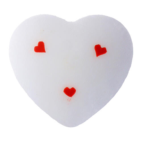 White scratched heart candle with hand-decorated red hearts, 10x10 cm by Cereria di Giorgio 2