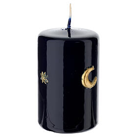 Candela cilindrica blu notte laccata stelle luna dorate colorate a mano 10 cm Cereria Di Giorgio