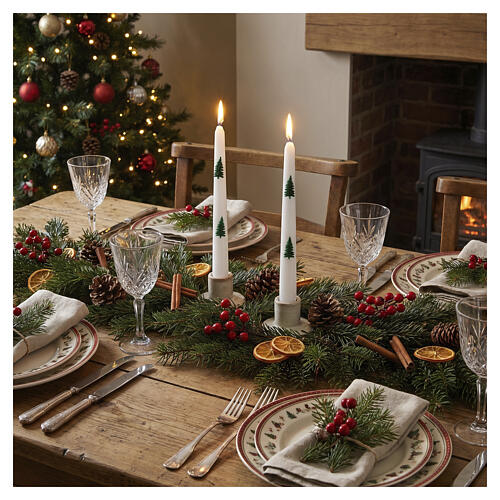 Velas cónicas SET 2 piezas blancas decoradas a mano con abetos 25 cm - 7 horas Cerería Di Giorgio 2