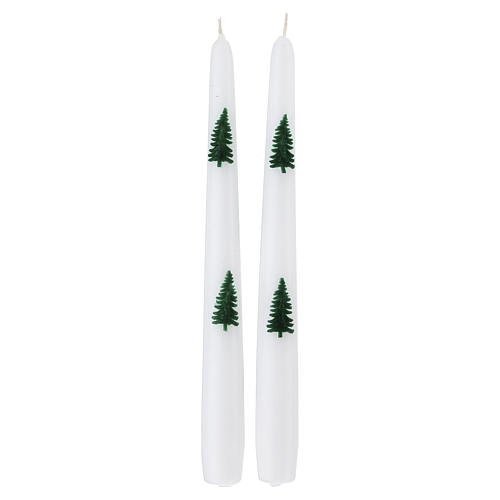 Velas cónicas CONJ. 2 PEÇAS brancas decoradas à mão con abetos 25 cm 7 horas Cereria Di Giorgio 1