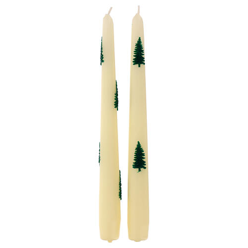 Taper Candle Set of 2 white hand-decorated with fir trees 25 cm, 7 hours burning time Cereria Di Giorgio 1