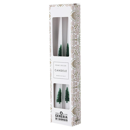 Taper Candle Set of 2 white hand-decorated with fir trees 25 cm, 7 hours burning time Cereria Di Giorgio 3