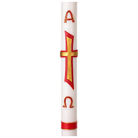 White Paschal candle with red cross, alpha and omega, 3x47 in