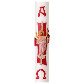 White Paschal candle with Risen Jesus, cross, Alpha and Omega, 3x47 in