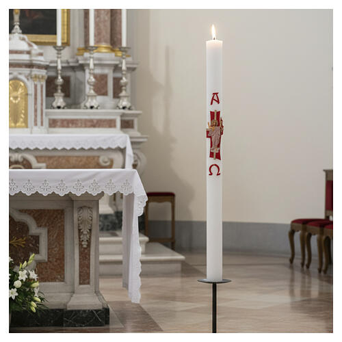 White Paschal candle with Risen Jesus, cross, Alpha and Omega, 3x47 in 2