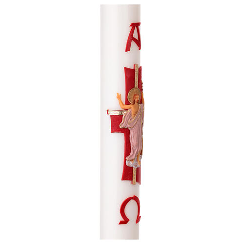 White Paschal candle with Risen Jesus, cross, Alpha and Omega, 3x47 in 5