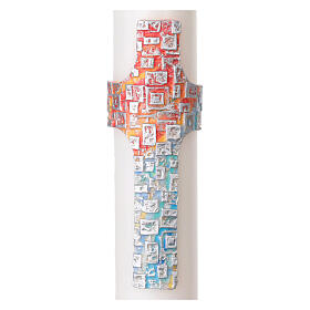 White Paschal candle with Alpha and Omega, silver multicoloured cross, 3x47 in