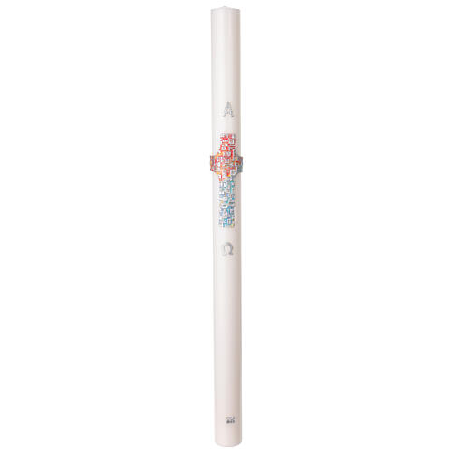 White Paschal candle with Alpha and Omega, silver multicoloured cross, 3x47 in 3