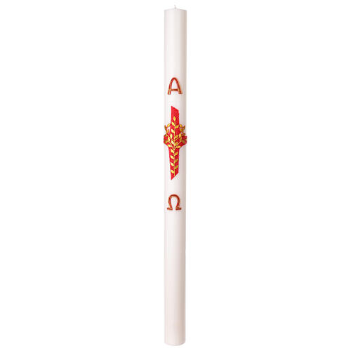 White Paschal candle with cross, gold olive leaf applications, 3x47 in 3