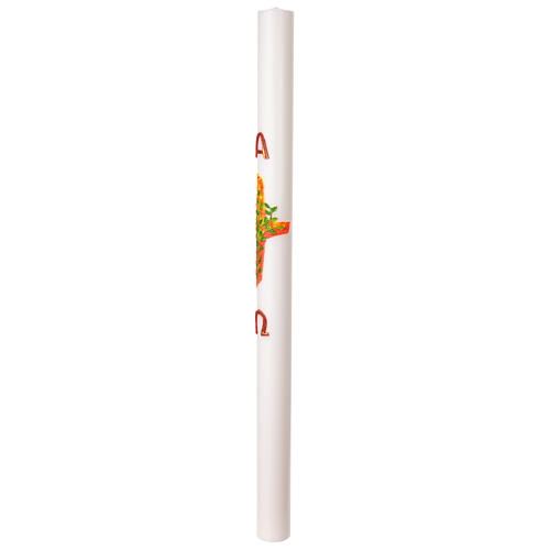White Paschal candle with red cross and green olive leaves relief, alpha and omega, 3x47 in 4
